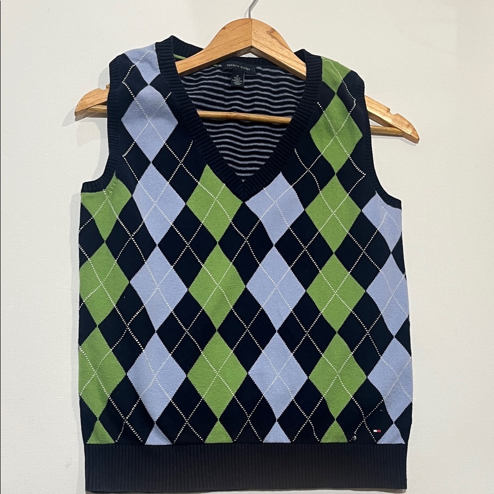 Tommy Hilfiger V-Neck Argyle Sweater Vest - Blue and Green